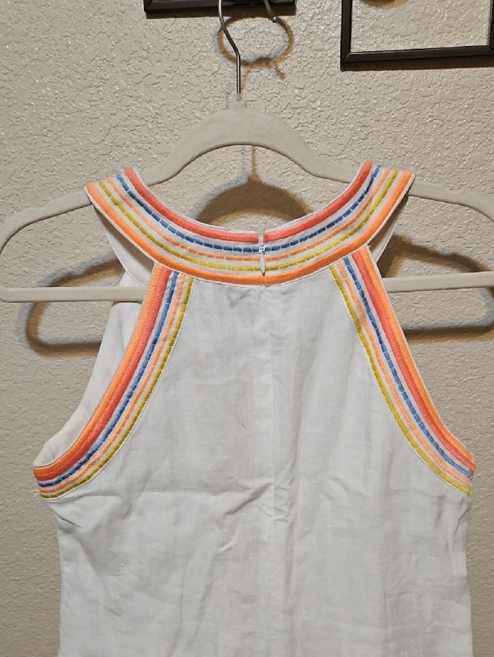 Boden 100% Linen White Midi Dress with Rainbow-Trimmed Neckline - Picture 5 of 7